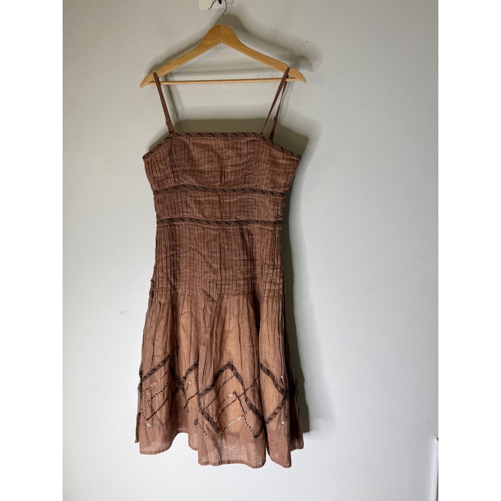 Elevenses Anthropologie Brown Cotton Pleated Sequin Midi Dress Womens 8